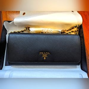 Prada Portafoglio Tracolla saffiano wallet on a chain, black